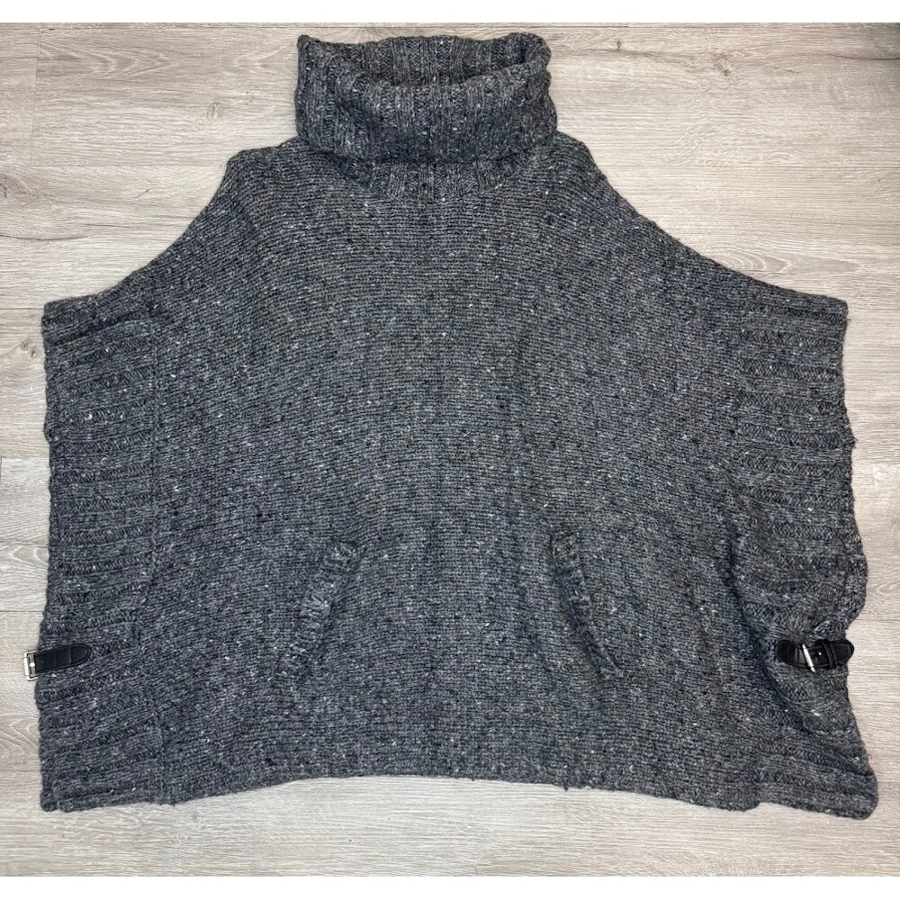 Cowl Neck Knit Poncho Sweater Gray Buckle Accent Cozy Oversized Small